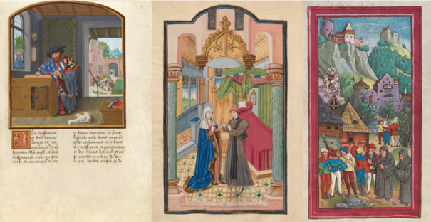 Links: Die "Livres des faits des Jacques Lalaing" sind zu detailliert gezeichnet. Einfache Animationen wären zu aufwendig. Mitte: Darstellungen wie diejenigen aus dem "Trost der Philosophie" sind genau richtig. Detailliert genug und gut zu animieren. Rechts: "Luzerner Schilling" Obwohl die Bebilderung der Schweizer Chroniken der dargestellten schweizerisch/süddeutschen Lebenswelt am nächsten gekommen wären, wirken sie überlebensgross zu kraklig.
Livre des faits de Jacques de Lalaing
De consolatione philosophiae
Luzerner Schilling