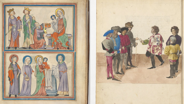 Links: Die heiligen drei Könige in der Mode des frühen 13. Jh. dargestellt machen dem Jesuskind ihre Aufwartung. Rechts: Drei Ritter des 15. Jh. ziehen ihre Turnierlose.